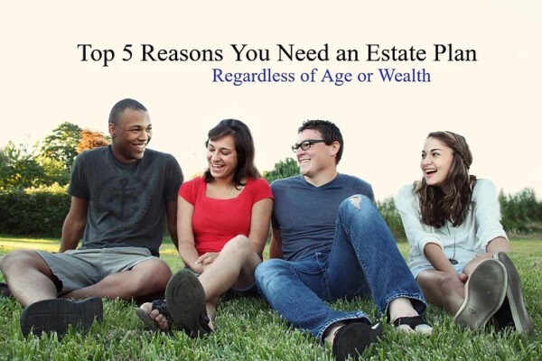 Illustration showing documents, family, and financial symbols representing an estate plan regardless of income
